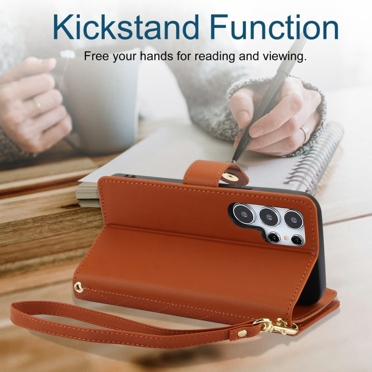 For Samsung Galaxy S24 Ultra 5G YM016 Rhombic Zipper Card Wallet Leather Phone Case with Lanyard(Brown) - HoMEdemic™ 