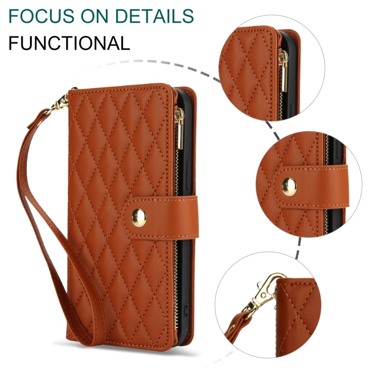 For Samsung Galaxy S24 Ultra 5G YM016 Rhombic Zipper Card Wallet Leather Phone Case with Lanyard(Brown) - HoMEdemic™ 
