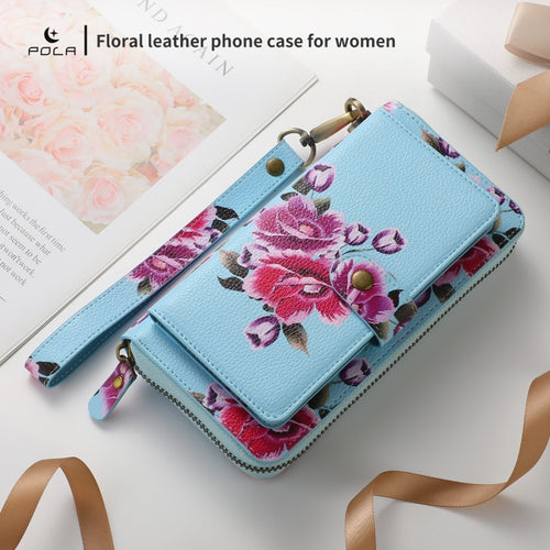 For Samsung Galaxy S24 5G POLA Flower Multi-functional Zipper Wallet Leather Phone Case(Sky Blue) - HoMEdemic™ 