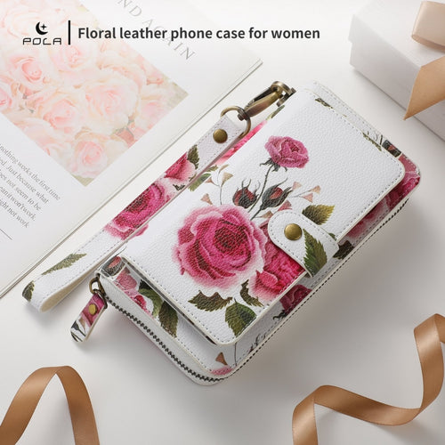 For Samsung Galaxy S24 5G POLA Flower Multi-functional Zipper Wallet Leather Phone Case(Beige) - HoMEdemic™ 