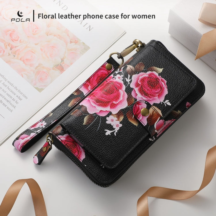 For Samsung Galaxy S24 Ultra 5G POLA Flower Multi-functional Zipper Wallet Leather Phone Case(Black) - HoMEdemic™ 