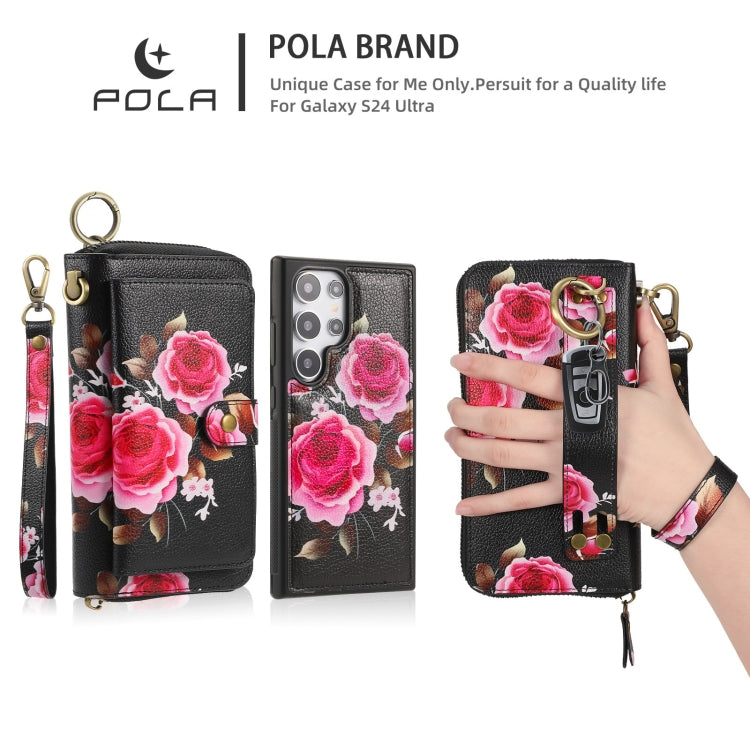 For Samsung Galaxy S24 Ultra 5G POLA Flower Multi-functional Zipper Wallet Leather Phone Case(Black) - HoMEdemic™ 