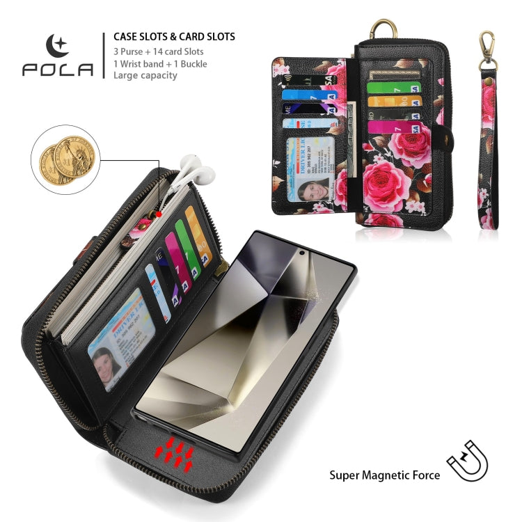For Samsung Galaxy S24 Ultra 5G POLA Flower Multi-functional Zipper Wallet Leather Phone Case(Black) - HoMEdemic™ 