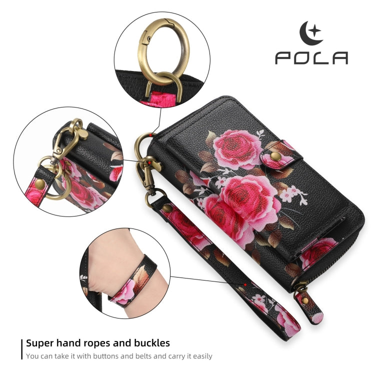 For Samsung Galaxy S24 Ultra 5G POLA Flower Multi-functional Zipper Wallet Leather Phone Case(Black) - HoMEdemic™ 