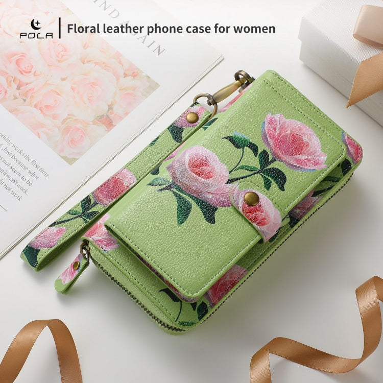 For Samsung Galaxy S24 Ultra 5G POLA Flower Multi-functional Zipper Wallet Leather Phone Case(Green) - HoMEdemic™ 