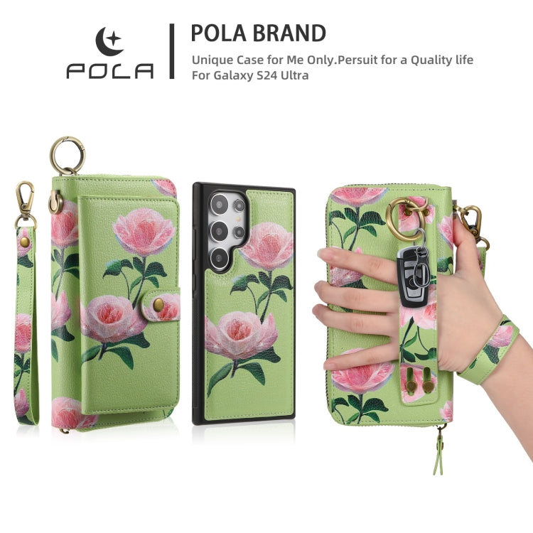 For Samsung Galaxy S24 Ultra 5G POLA Flower Multi-functional Zipper Wallet Leather Phone Case(Green) - HoMEdemic™ 