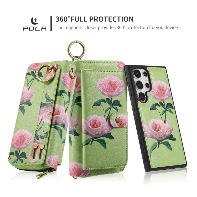 For Samsung Galaxy S24 Ultra 5G POLA Flower Multi-functional Zipper Wallet Leather Phone Case(Green) - HoMEdemic™ 