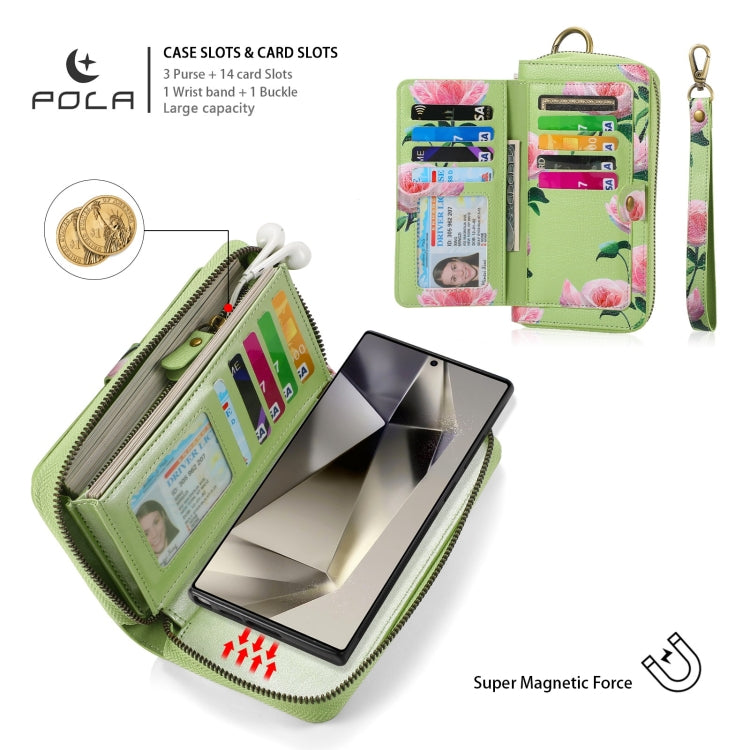 For Samsung Galaxy S24 Ultra 5G POLA Flower Multi-functional Zipper Wallet Leather Phone Case(Green) - HoMEdemic™ 