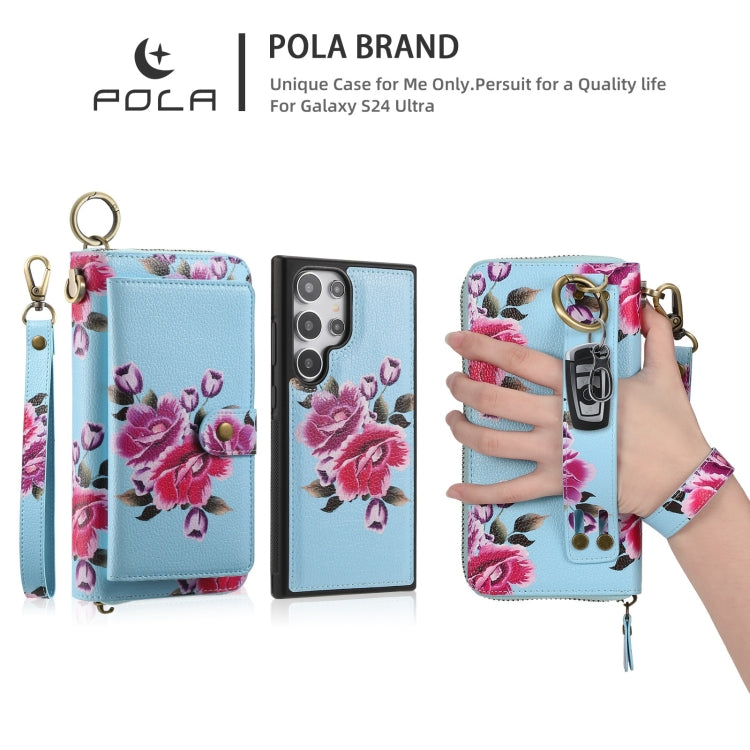 For Samsung Galaxy S24 Ultra 5G POLA Flower Multi-functional Zipper Wallet Leather Phone Case(Sky Blue) - HoMEdemic™ 