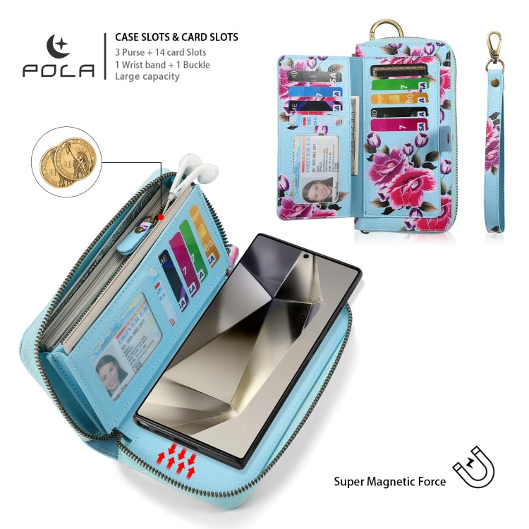 For Samsung Galaxy S24 Ultra 5G POLA Flower Multi-functional Zipper Wallet Leather Phone Case(Sky Blue) - HoMEdemic™ 