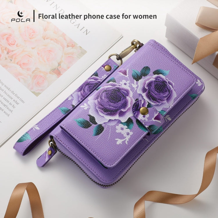 For Samsung Galaxy S24 Ultra 5G POLA Flower Multi-functional Zipper Wallet Leather Phone Case(Purple) - HoMEdemic™ 