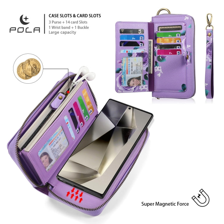 For Samsung Galaxy S24 Ultra 5G POLA Flower Multi-functional Zipper Wallet Leather Phone Case(Purple) - HoMEdemic™ 