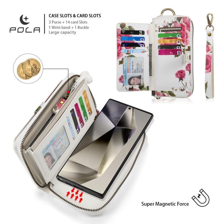 For Samsung Galaxy S24 Ultra 5G POLA Flower Multi-functional Zipper Wallet Leather Phone Case(Beige) - HoMEdemic™ 