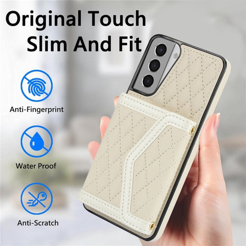 For Samsung Galaxy S21 5G Splicing Rhombic Texture Card Bag Phone Case with Long Lanyard(Beige) - HoMEdemic™ 