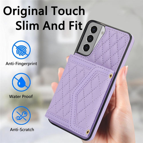 For Samsung Galaxy S21+ 5G Splicing Rhombic Texture Card Bag Phone Case with Long Lanyard(Purple) - HoMEdemic™ 