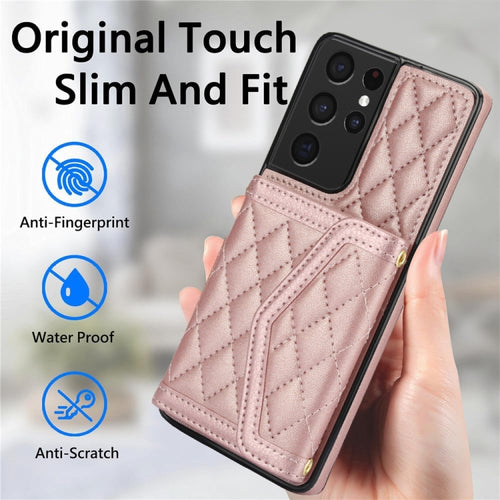 For Samsung Galaxy S21 Ultra 5G Splicing Rhombic Texture Card Bag Phone Case with Long Lanyard(Rose Gold) - HoMEdemic™ 