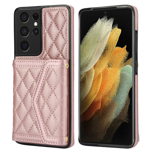 For Samsung Galaxy S21 Ultra 5G Splicing Rhombic Texture Card Bag Phone Case with Long Lanyard(Rose Gold) - HoMEdemic™ 