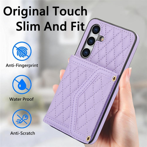 For Samsung Galaxy S24 5G Splicing Rhombic Texture Card Bag Phone Case with Long Lanyard(Purple) - HoMEdemic™ 