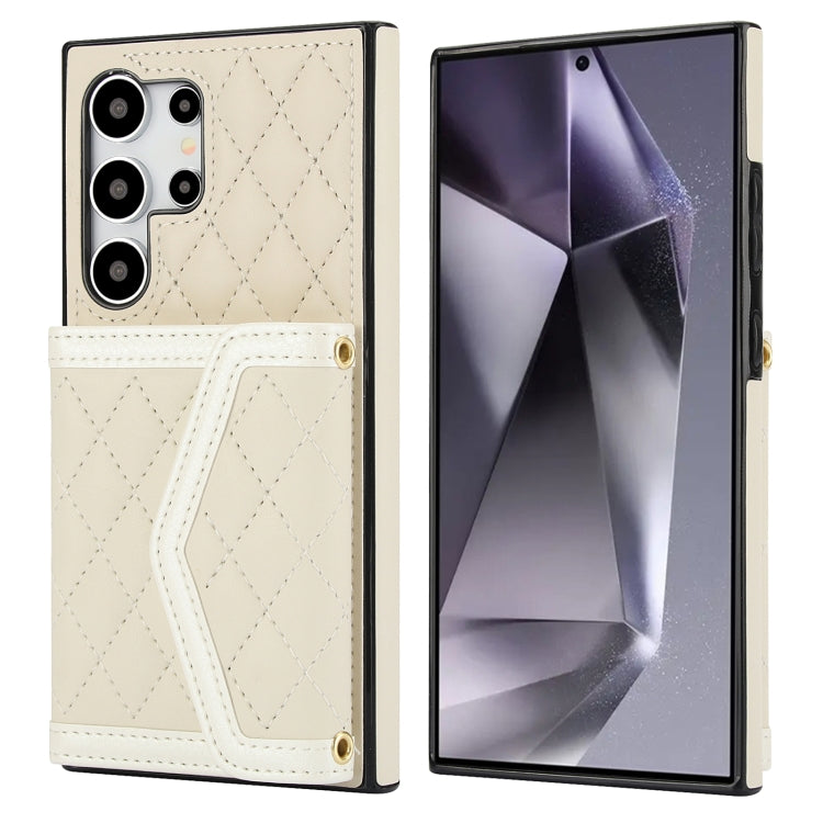 For Samsung Galaxy S24 Ultra 5G Splicing Rhombic Texture Card Bag Phone Case with Long Lanyard(Beige) - HoMEdemic™ 