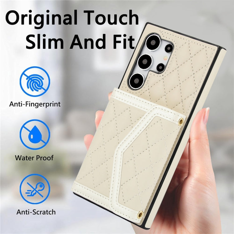For Samsung Galaxy S24 Ultra 5G Splicing Rhombic Texture Card Bag Phone Case with Long Lanyard(Beige) - HoMEdemic™ 
