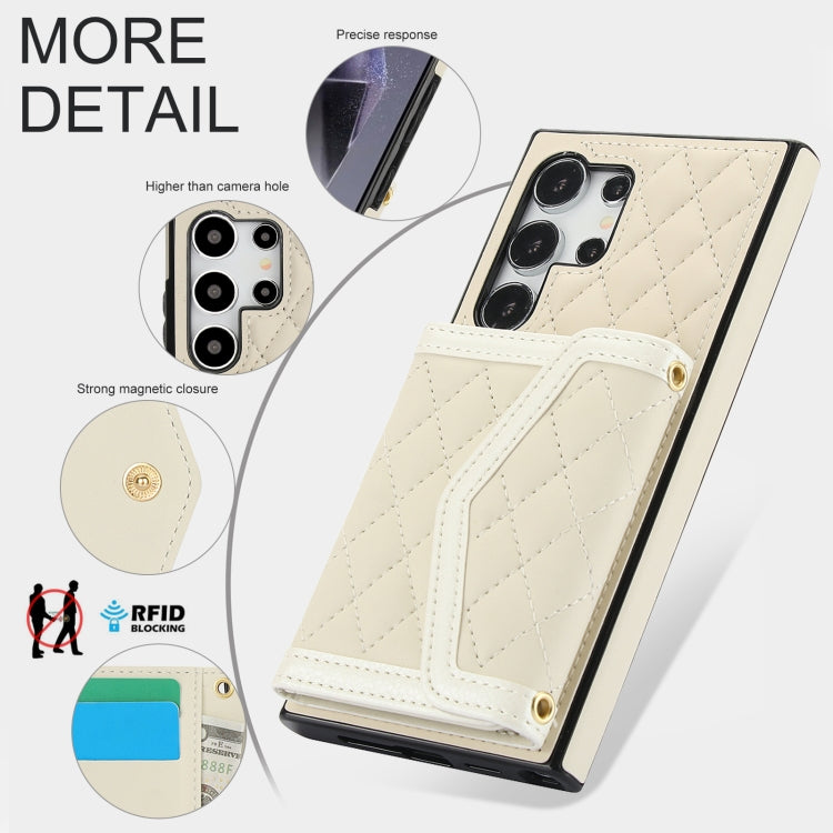 For Samsung Galaxy S24 Ultra 5G Splicing Rhombic Texture Card Bag Phone Case with Long Lanyard(Beige) - HoMEdemic™ 