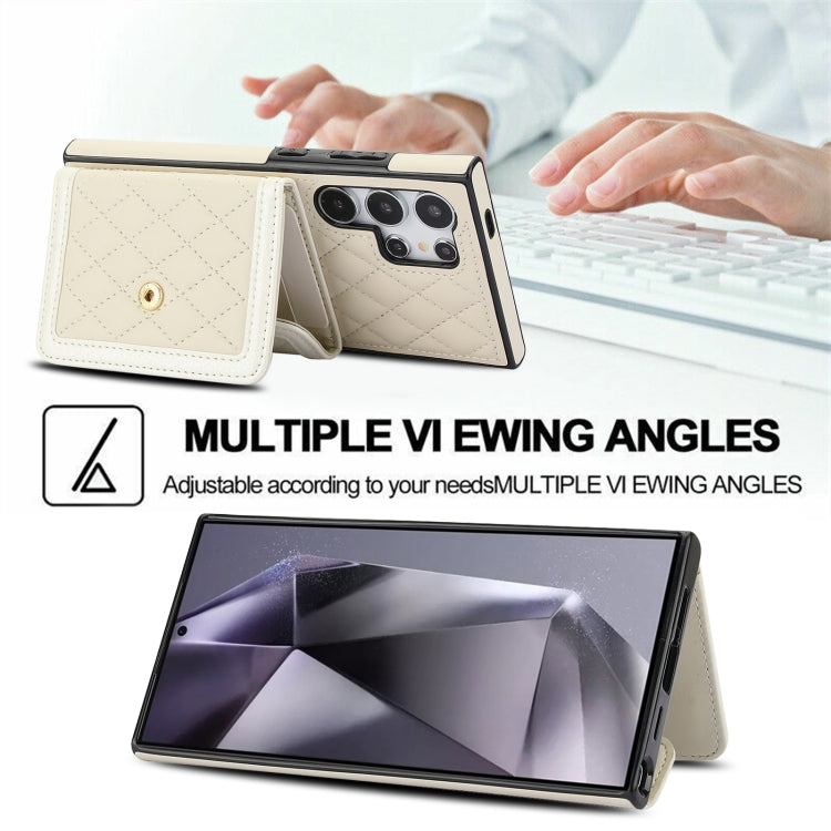 For Samsung Galaxy S24 Ultra 5G Splicing Rhombic Texture Card Bag Phone Case with Long Lanyard(Beige) - HoMEdemic™ 