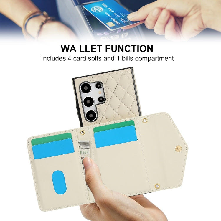 For Samsung Galaxy S24 Ultra 5G Splicing Rhombic Texture Card Bag Phone Case with Long Lanyard(Beige) - HoMEdemic™ 