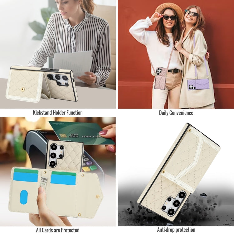 For Samsung Galaxy S24 Ultra 5G Splicing Rhombic Texture Card Bag Phone Case with Long Lanyard(Beige) - HoMEdemic™ 
