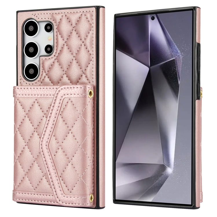 For Samsung Galaxy S24 Ultra 5G Splicing Rhombic Texture Card Bag Phone Case with Long Lanyard(Rose Gold) - HoMEdemic™ 