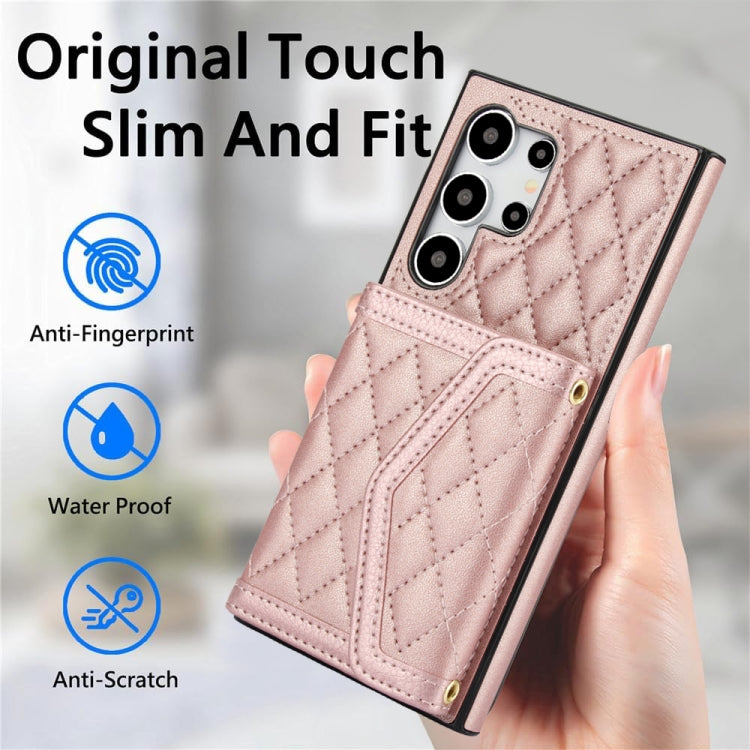 For Samsung Galaxy S24 Ultra 5G Splicing Rhombic Texture Card Bag Phone Case with Long Lanyard(Rose Gold) - HoMEdemic™ 