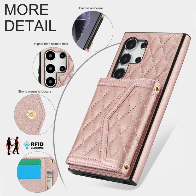 For Samsung Galaxy S24 Ultra 5G Splicing Rhombic Texture Card Bag Phone Case with Long Lanyard(Rose Gold) - HoMEdemic™ 