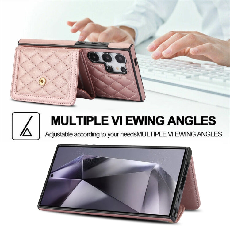 For Samsung Galaxy S24 Ultra 5G Splicing Rhombic Texture Card Bag Phone Case with Long Lanyard(Rose Gold) - HoMEdemic™ 