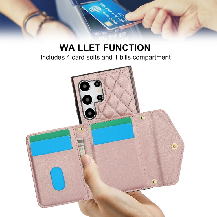 For Samsung Galaxy S24 Ultra 5G Splicing Rhombic Texture Card Bag Phone Case with Long Lanyard(Rose Gold) - HoMEdemic™ 