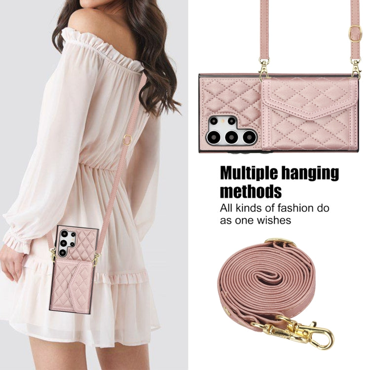 For Samsung Galaxy S24 Ultra 5G Splicing Rhombic Texture Card Bag Phone Case with Long Lanyard(Rose Gold) - HoMEdemic™ 