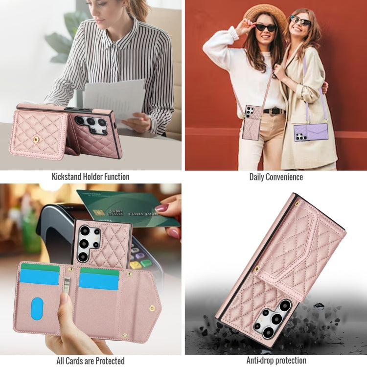 For Samsung Galaxy S24 Ultra 5G Splicing Rhombic Texture Card Bag Phone Case with Long Lanyard(Rose Gold) - HoMEdemic™ 