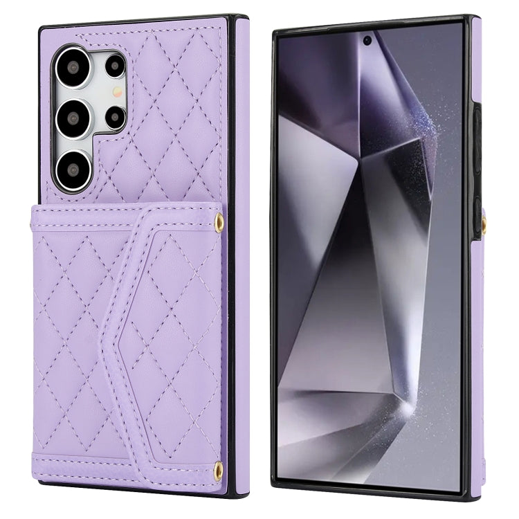 For Samsung Galaxy S24 Ultra 5G Splicing Rhombic Texture Card Bag Phone Case with Long Lanyard(Purple) - HoMEdemic™ 
