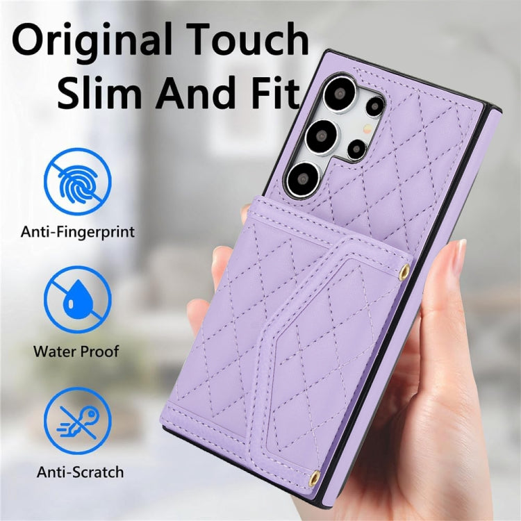 For Samsung Galaxy S24 Ultra 5G Splicing Rhombic Texture Card Bag Phone Case with Long Lanyard(Purple) - HoMEdemic™ 