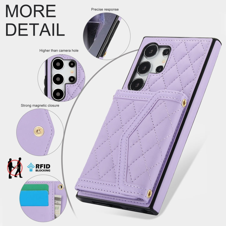 For Samsung Galaxy S24 Ultra 5G Splicing Rhombic Texture Card Bag Phone Case with Long Lanyard(Purple) - HoMEdemic™ 
