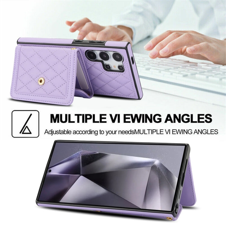 For Samsung Galaxy S24 Ultra 5G Splicing Rhombic Texture Card Bag Phone Case with Long Lanyard(Purple) - HoMEdemic™ 