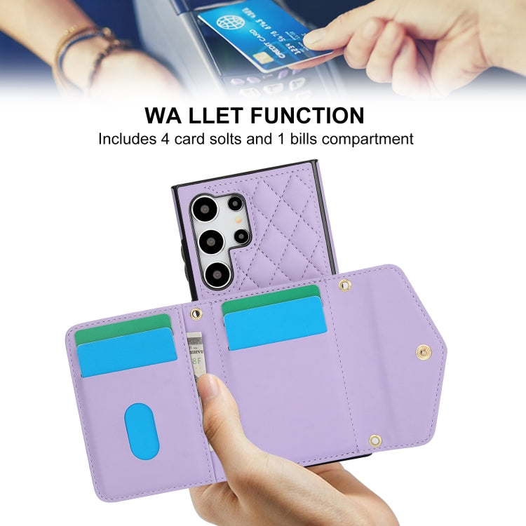 For Samsung Galaxy S24 Ultra 5G Splicing Rhombic Texture Card Bag Phone Case with Long Lanyard(Purple) - HoMEdemic™ 