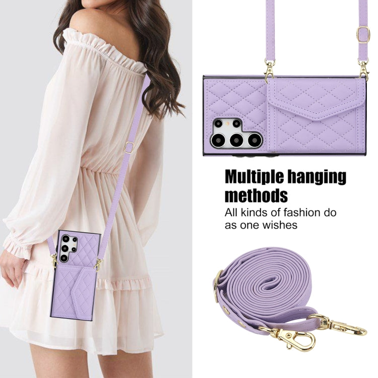 For Samsung Galaxy S24 Ultra 5G Splicing Rhombic Texture Card Bag Phone Case with Long Lanyard(Purple) - HoMEdemic™ 