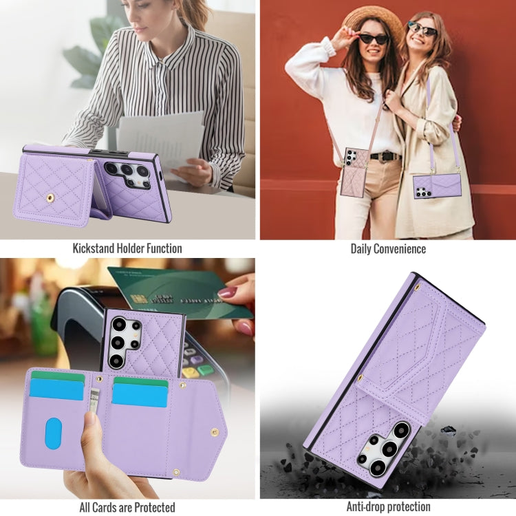 For Samsung Galaxy S24 Ultra 5G Splicing Rhombic Texture Card Bag Phone Case with Long Lanyard(Purple) - HoMEdemic™ 