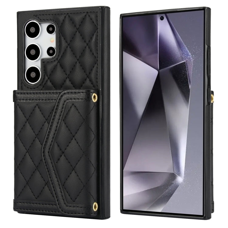 For Samsung Galaxy S24 Ultra 5G Splicing Rhombic Texture Card Bag Phone Case with Long Lanyard(Black) - HoMEdemic™ 