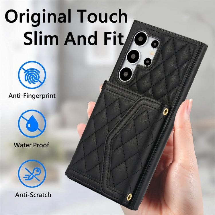For Samsung Galaxy S24 Ultra 5G Splicing Rhombic Texture Card Bag Phone Case with Long Lanyard(Black) - HoMEdemic™ 