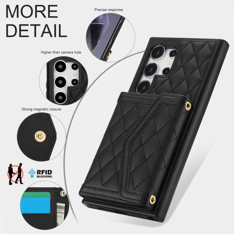 For Samsung Galaxy S24 Ultra 5G Splicing Rhombic Texture Card Bag Phone Case with Long Lanyard(Black) - HoMEdemic™ 