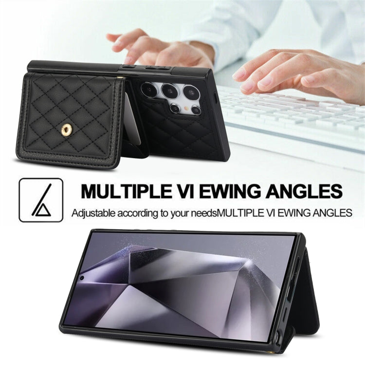 For Samsung Galaxy S24 Ultra 5G Splicing Rhombic Texture Card Bag Phone Case with Long Lanyard(Black) - HoMEdemic™ 