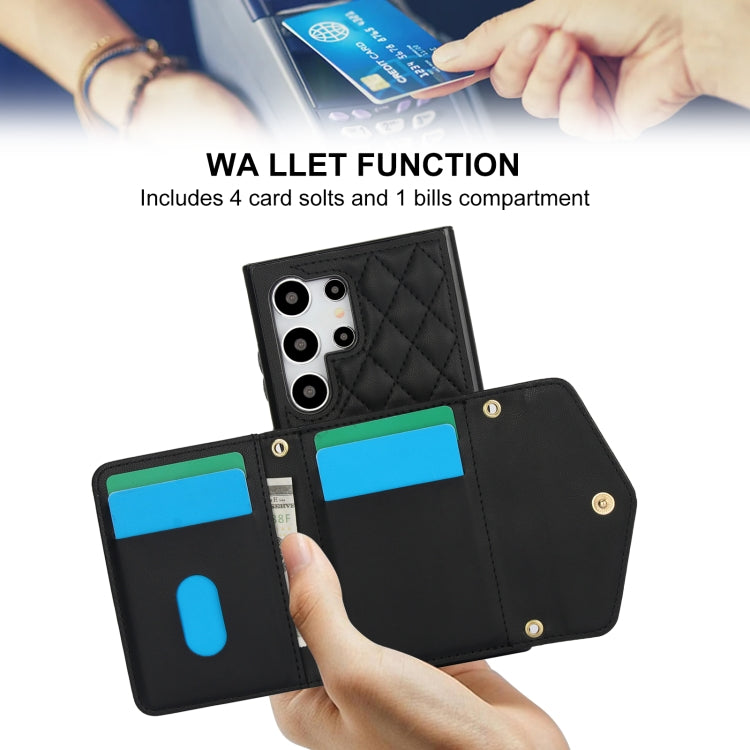 For Samsung Galaxy S24 Ultra 5G Splicing Rhombic Texture Card Bag Phone Case with Long Lanyard(Black) - HoMEdemic™ 