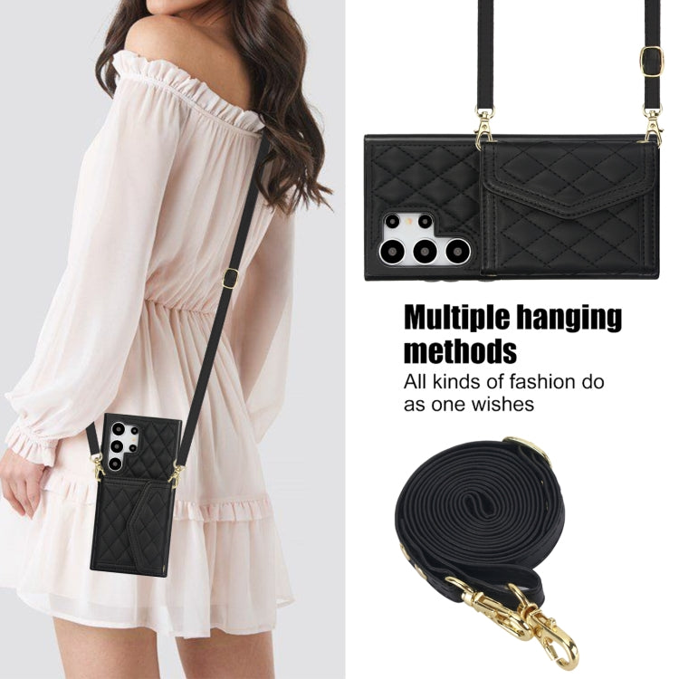 For Samsung Galaxy S24 Ultra 5G Splicing Rhombic Texture Card Bag Phone Case with Long Lanyard(Black) - HoMEdemic™ 