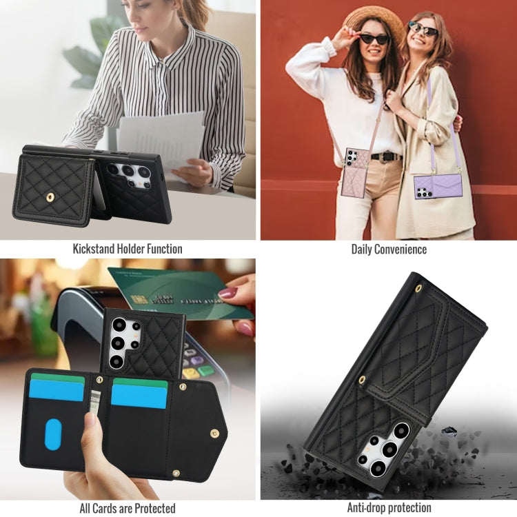 For Samsung Galaxy S24 Ultra 5G Splicing Rhombic Texture Card Bag Phone Case with Long Lanyard(Black) - HoMEdemic™ 
