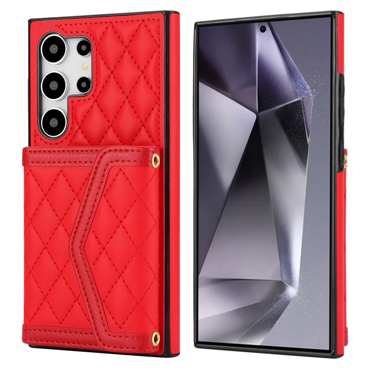 For Samsung Galaxy S24 Ultra 5G Splicing Rhombic Texture Card Bag Phone Case with Long Lanyard(Red) - HoMEdemic™ 